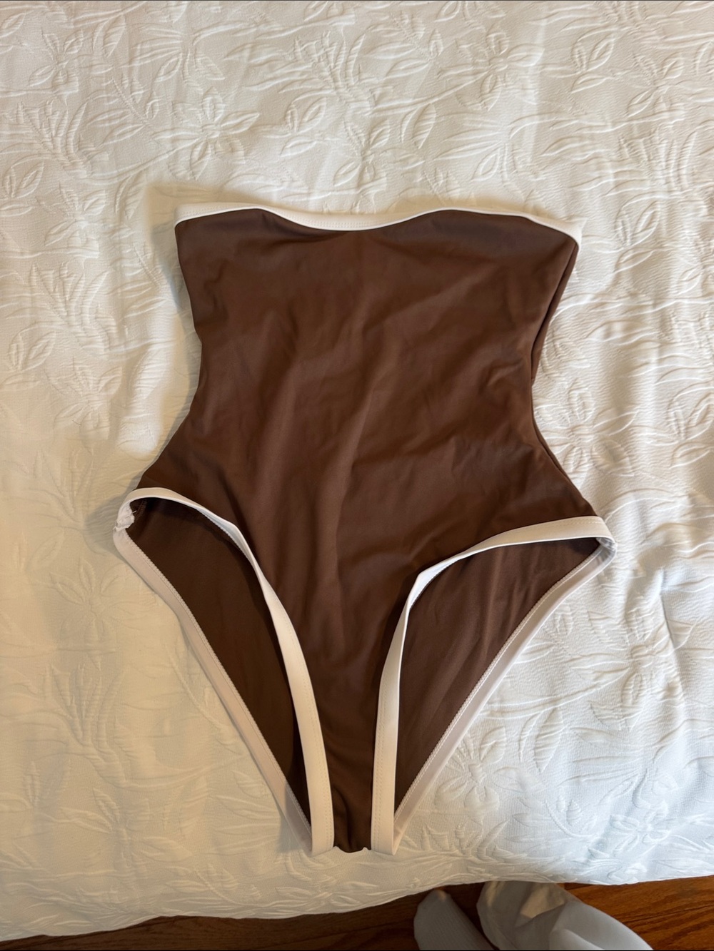 Strapless Brown One-Piece Swimsuit with Cream Trim